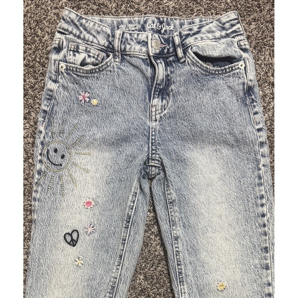 Cat & Jack Girls Jeans Size 10 Stretch Ankle Straight Leg Distressed Fun Prints